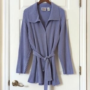 Bill Blass 90's Vintage Chenille Ribbed Knit Belted Cardigan Sweater Purple XLP